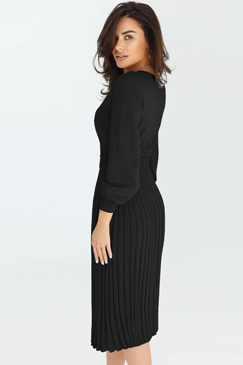 Round Neck Long Sleeve Pleated Sweater Dress - The Boutie Shop