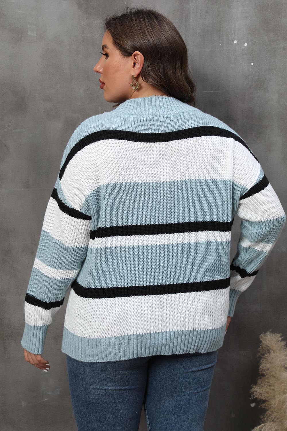 Plus Size Striped V-Neck Dropped Shoulder Sweater - The Boutie Shop