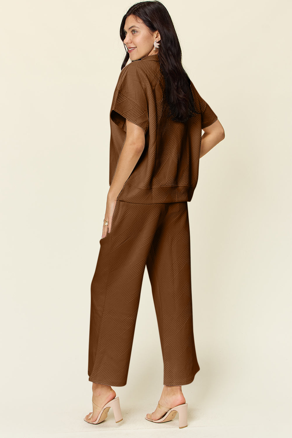 Double Take Full Size Texture Half Zip Short Sleeve Top and Pants Set - The Boutie Shop