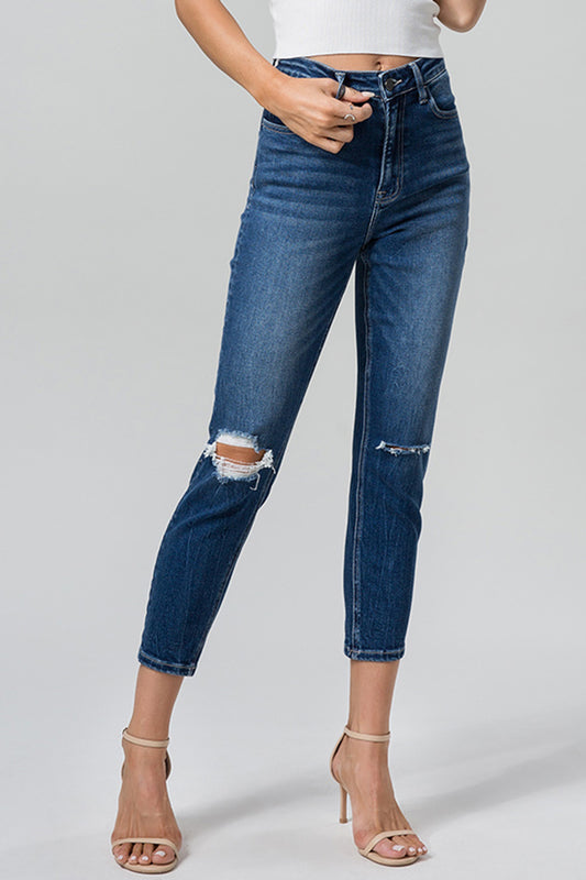 BAYEAS Full Size High Waist Distressed Washed Cropped Mom Jeans - The Boutie Shop