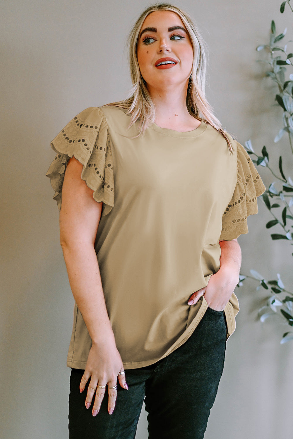 Plus Size Eyelet Round Neck Short Sleeve Blouse - The Boutie Shop