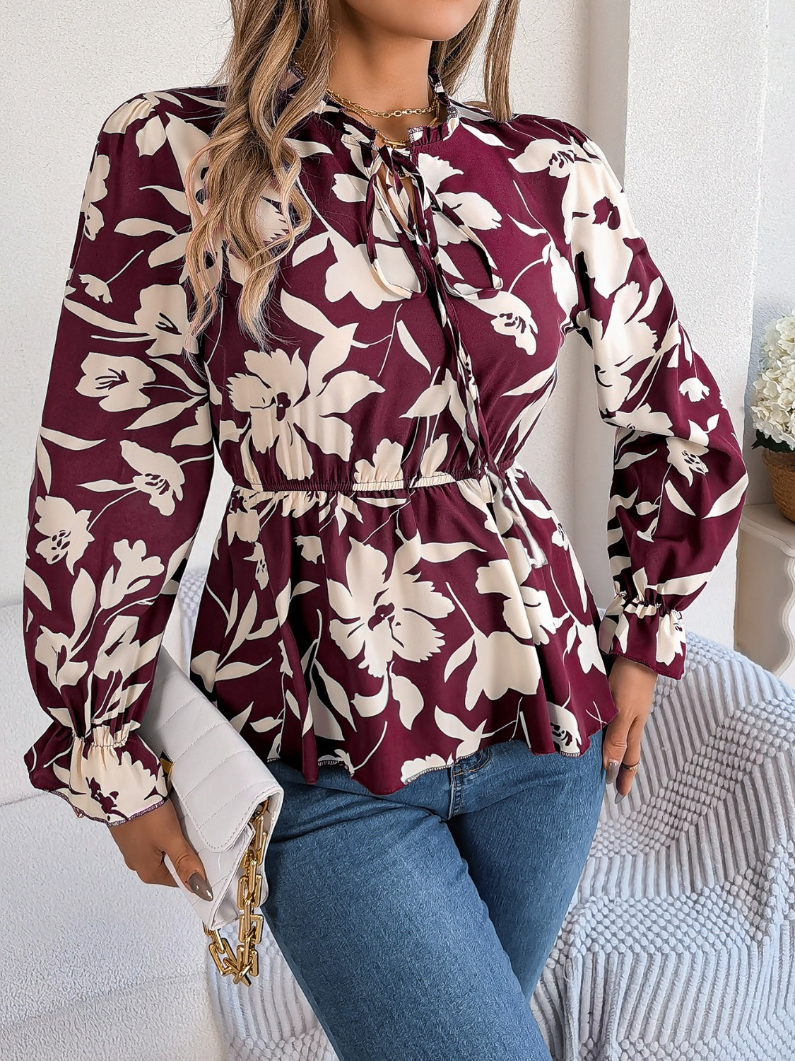 Printed Tie Neck Flounce Sleeve Blouse - The Boutie Shop