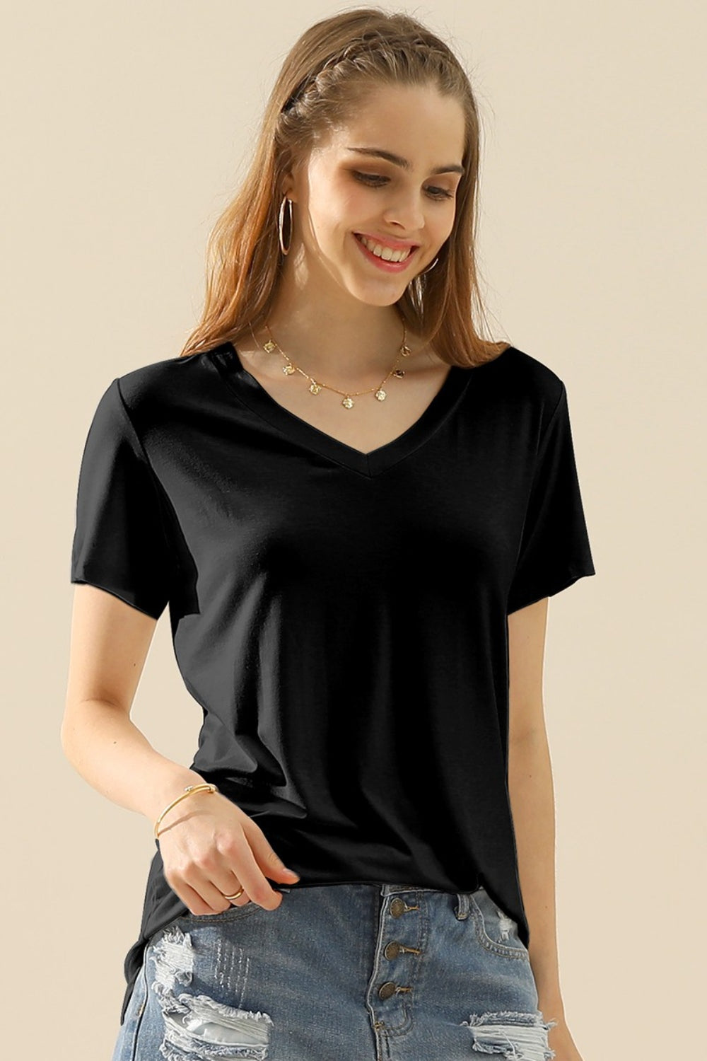 Ninexis Full Size V-Neck Short Sleeve T-Shirt - The Boutie Shop