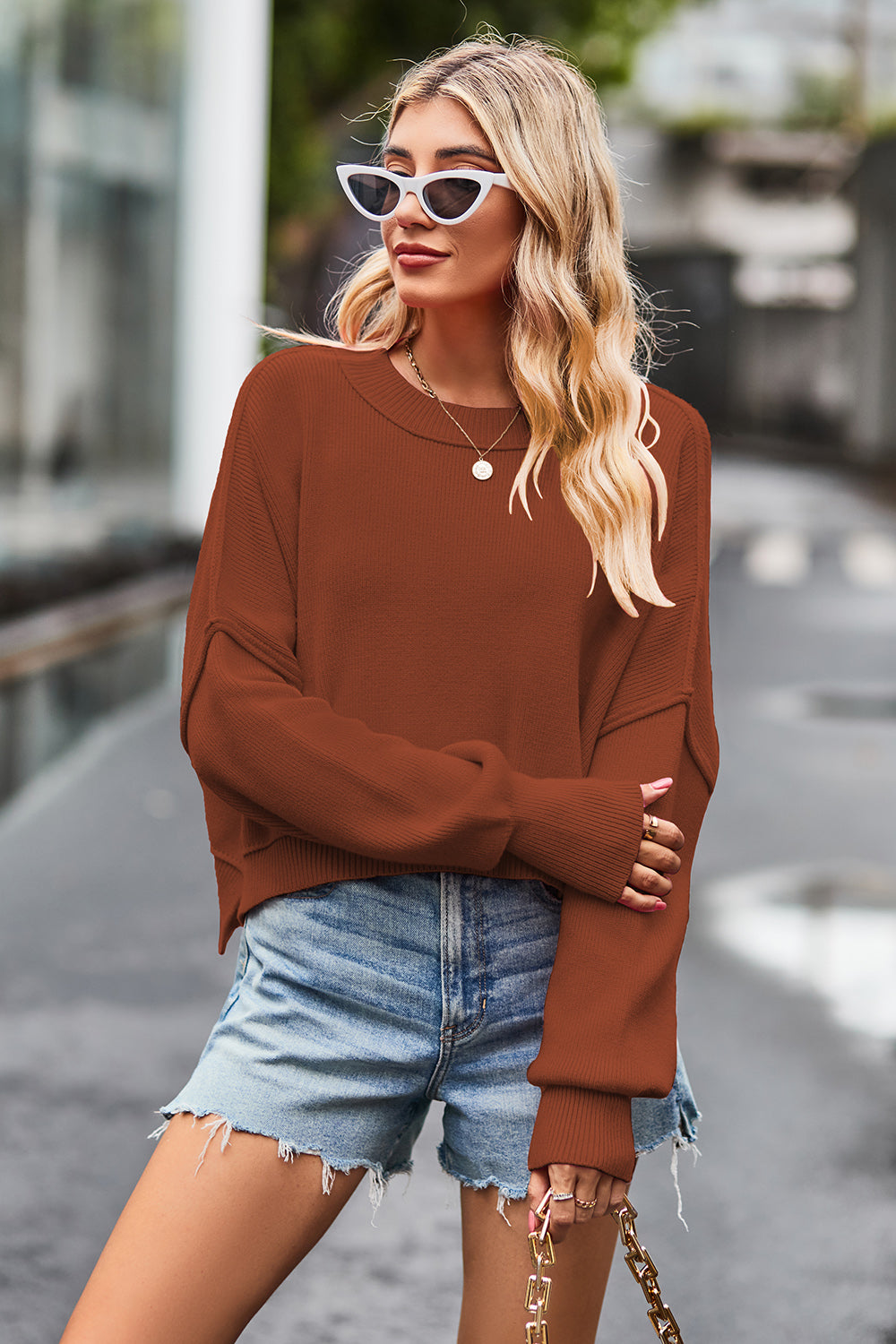 Round Neck Drop Shoulder Long Sleeve Sweater - The Boutie Shop