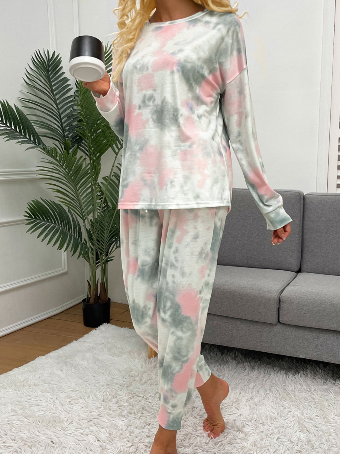 Shiny Tie-Dye Round Neck Top and Drawstring Pants Lounge Set - The Boutie Shop