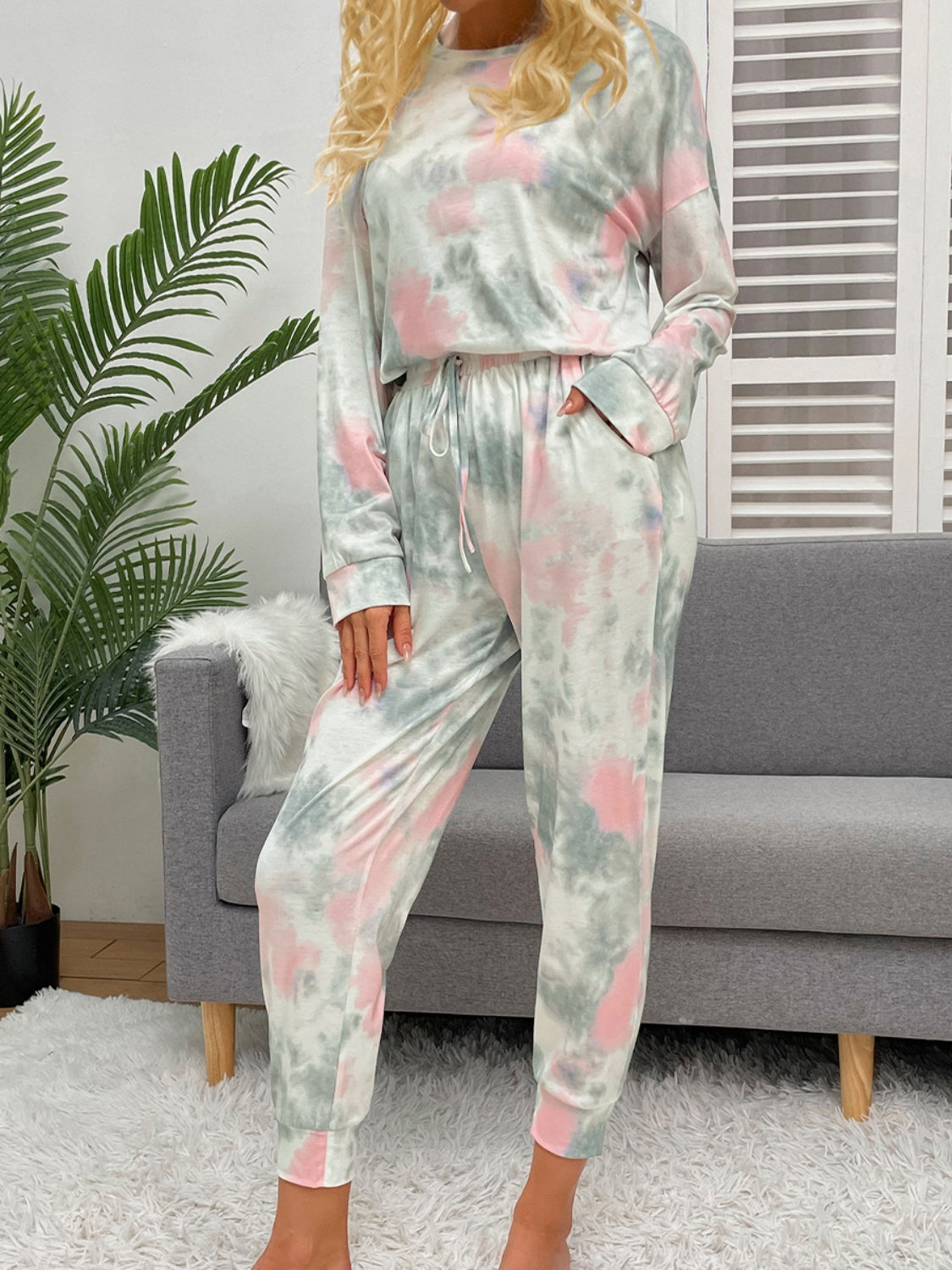 Shiny Tie-Dye Round Neck Top and Drawstring Pants Lounge Set - The Boutie Shop