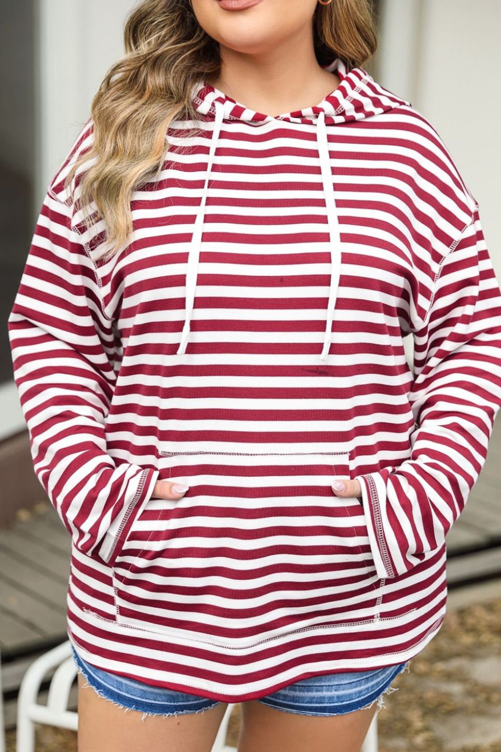 Plus Size Drawstring Striped Dropped Shoulder Hoodie - The Boutie Shop