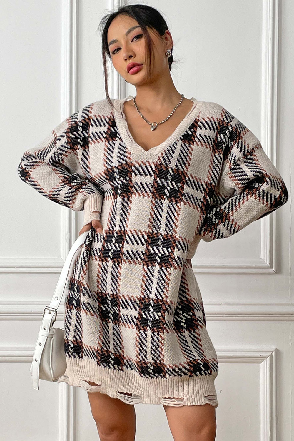 Plaid V-Neck Long Sleeve Sweater Dress - The Boutie Shop