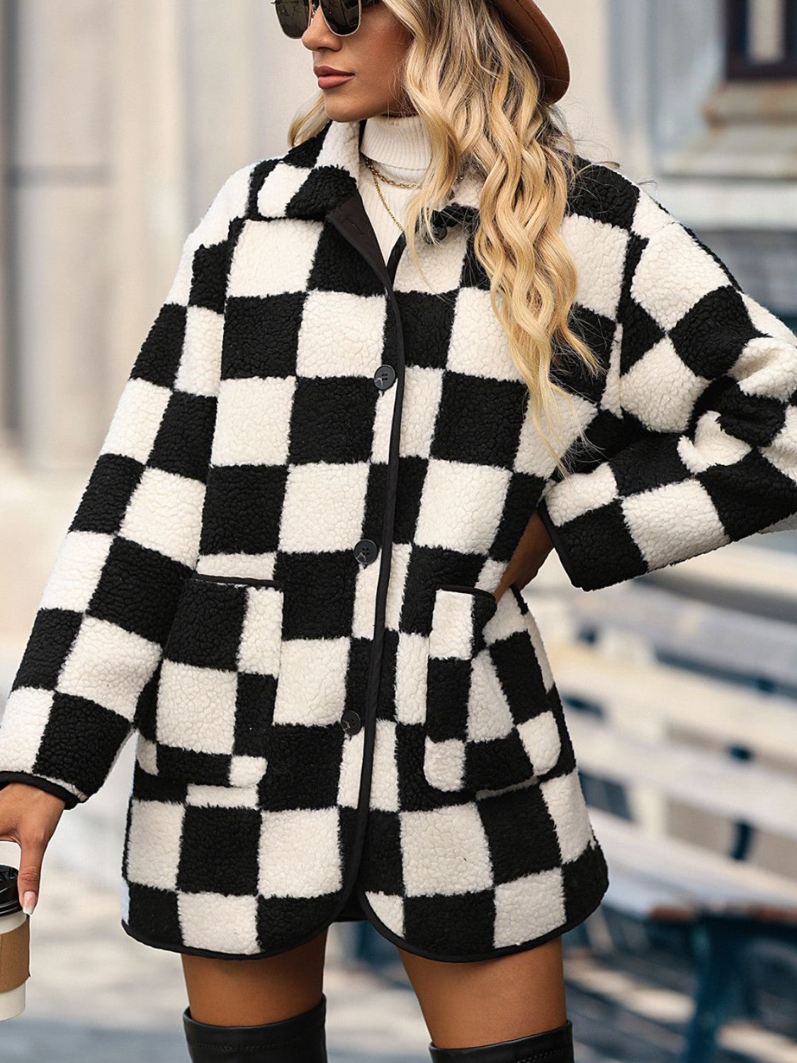 Double Take Full Size Checkered Button Front Coat with Pockets - The Boutie Shop