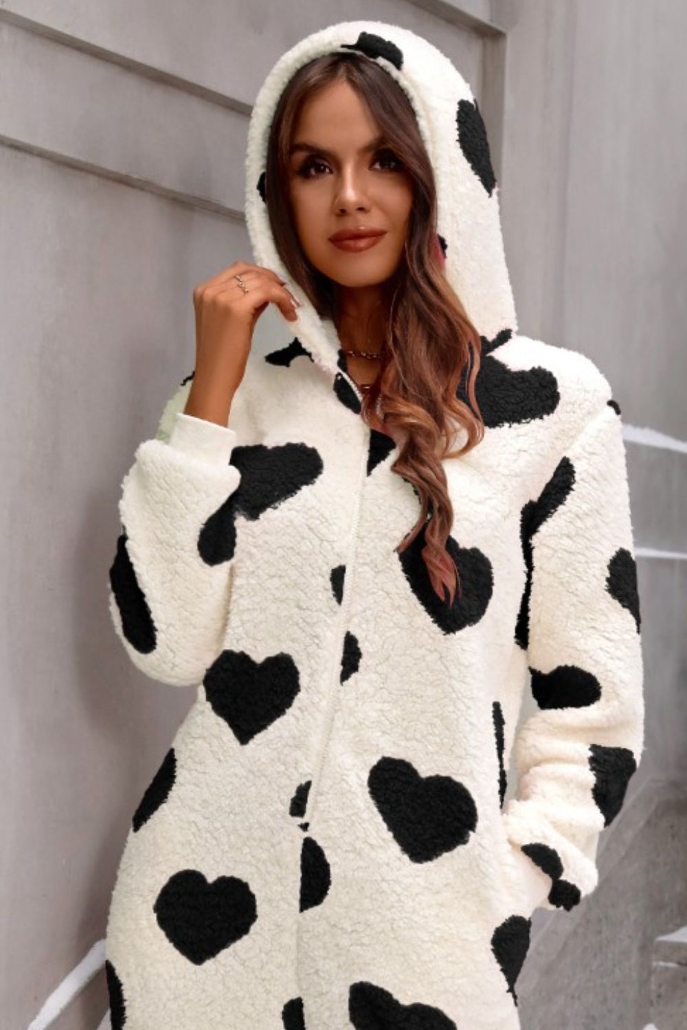 Fuzzy Heart Zip Up Hooded Lounge Jumpsuit - The Boutie Shop