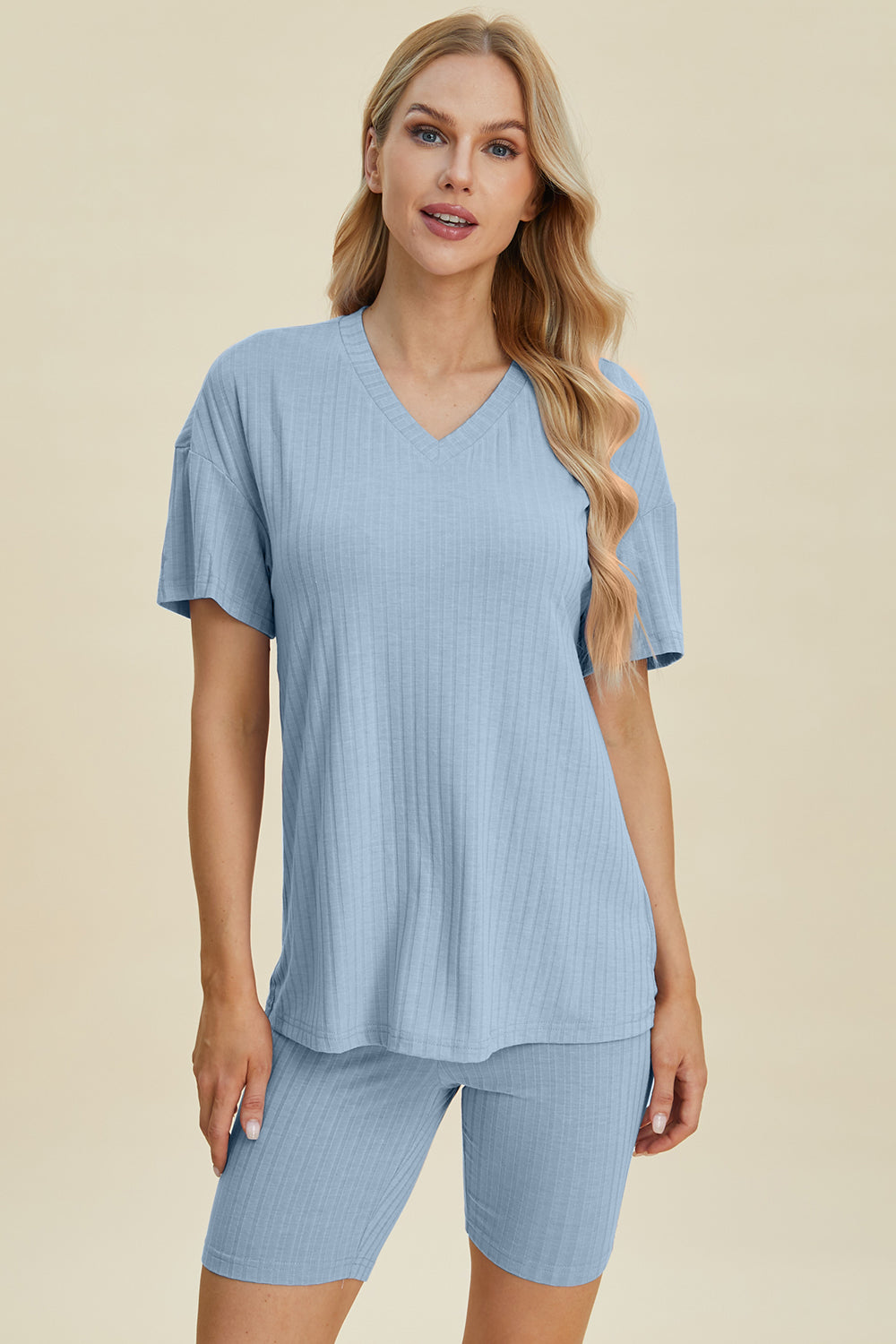 Basic Bae Full Size Ribbed V-Neck Short Sleeve Top and Shorts Set - The Boutie Shop