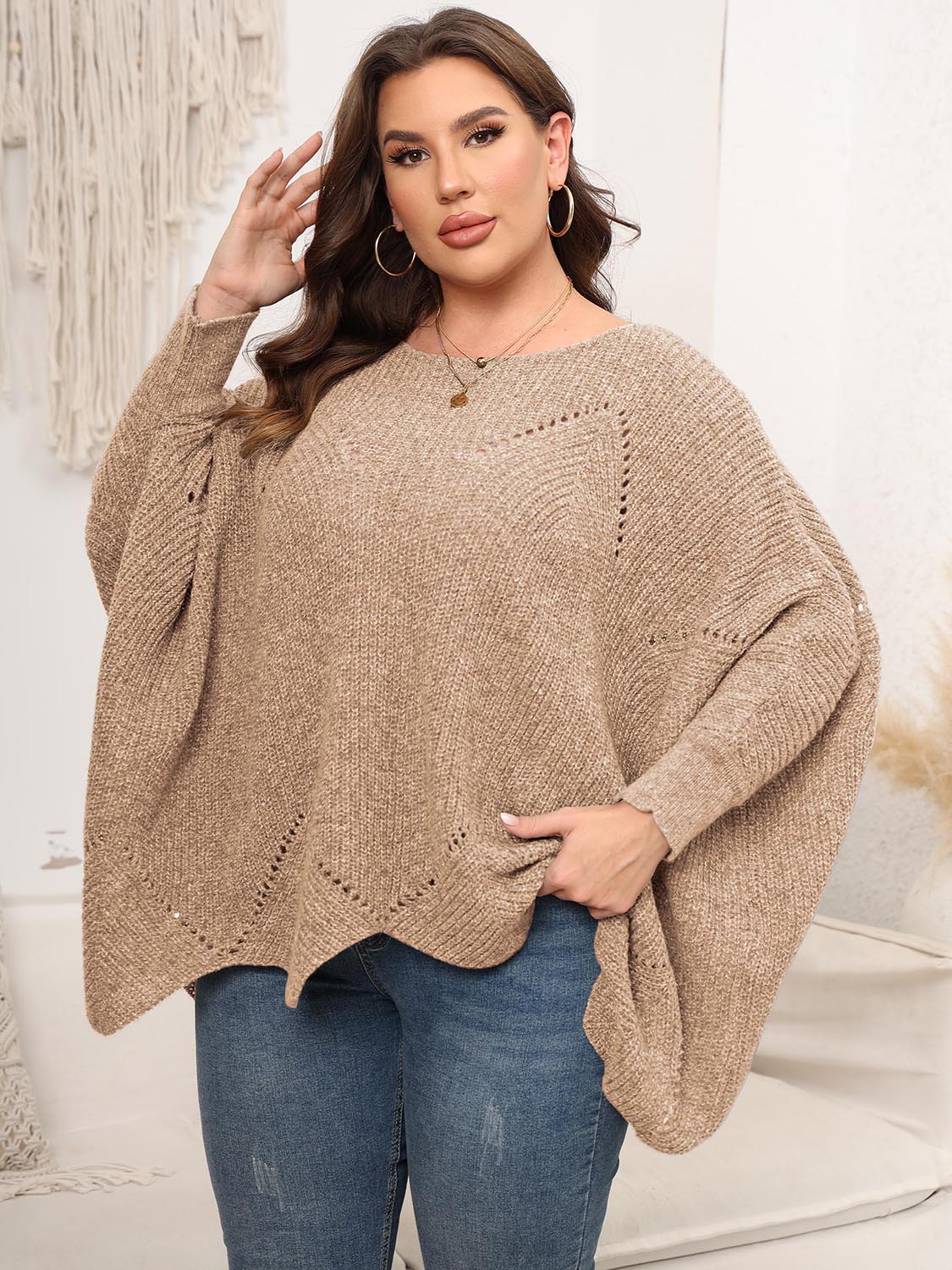 Plus Size Round Neck Batwing Sleeve Sweater - The Boutie Shop