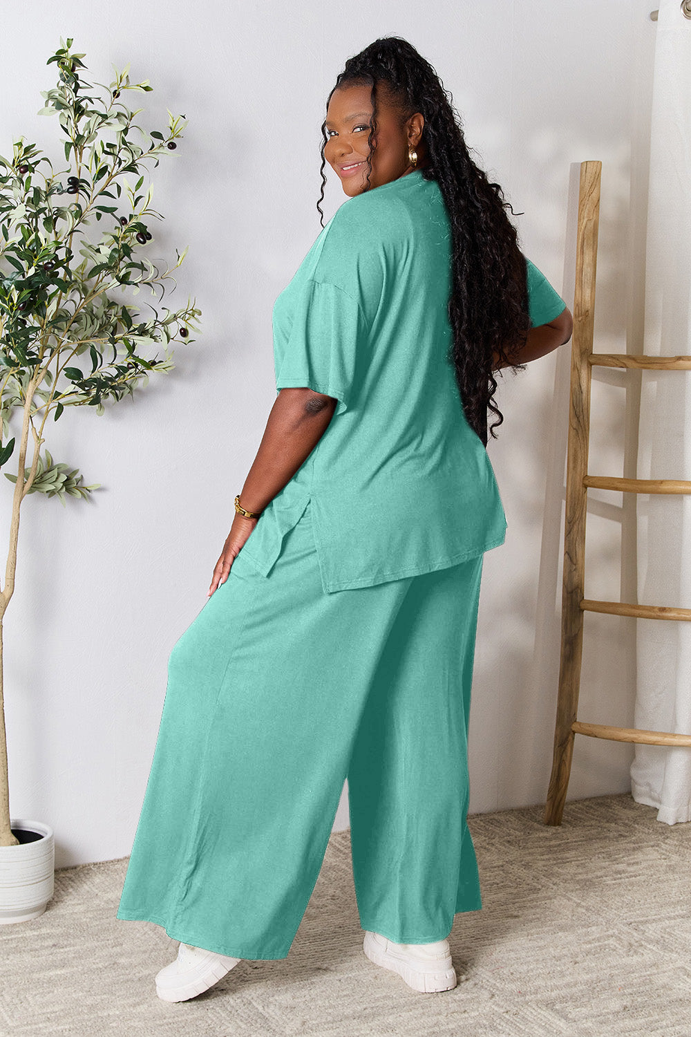 Double Take Full Size Round Neck Slit Top and Pants Set - The Boutie Shop