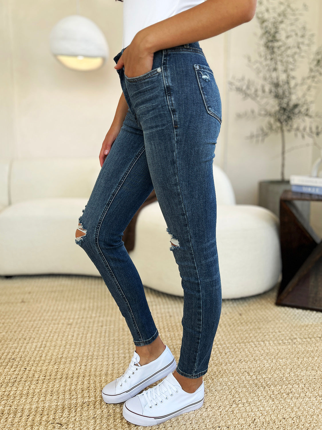 Judy Blue Full Size Mid Waist Distressed Slim Jeans - The Boutie Shop