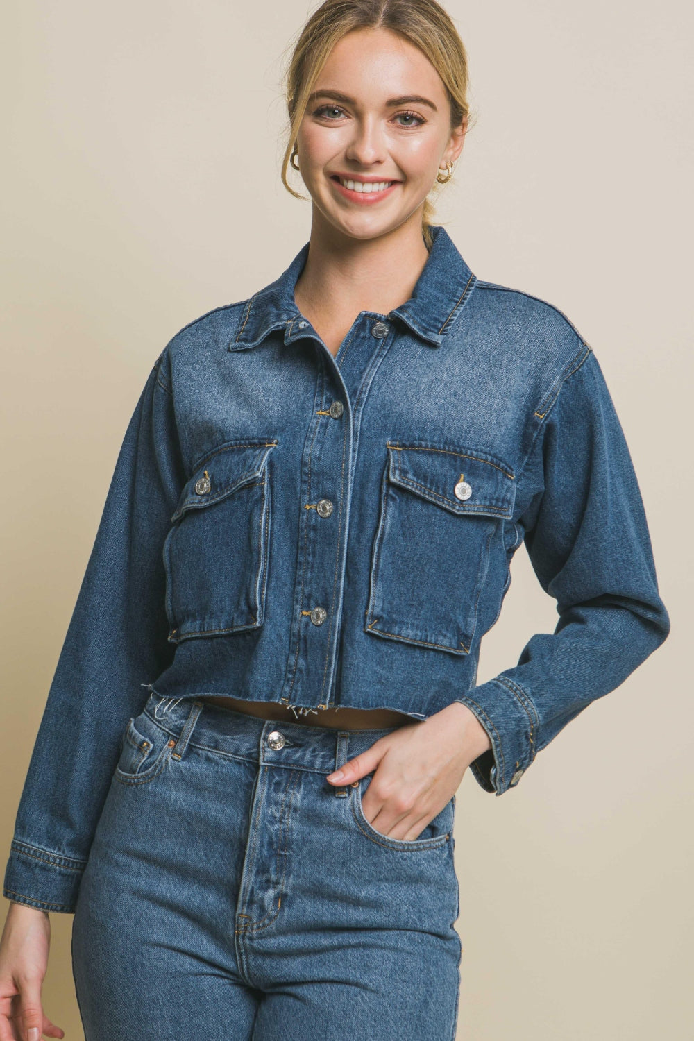 Love Tree Raw Hem Button Up Cropped Denim Jacket - The Boutie Shop