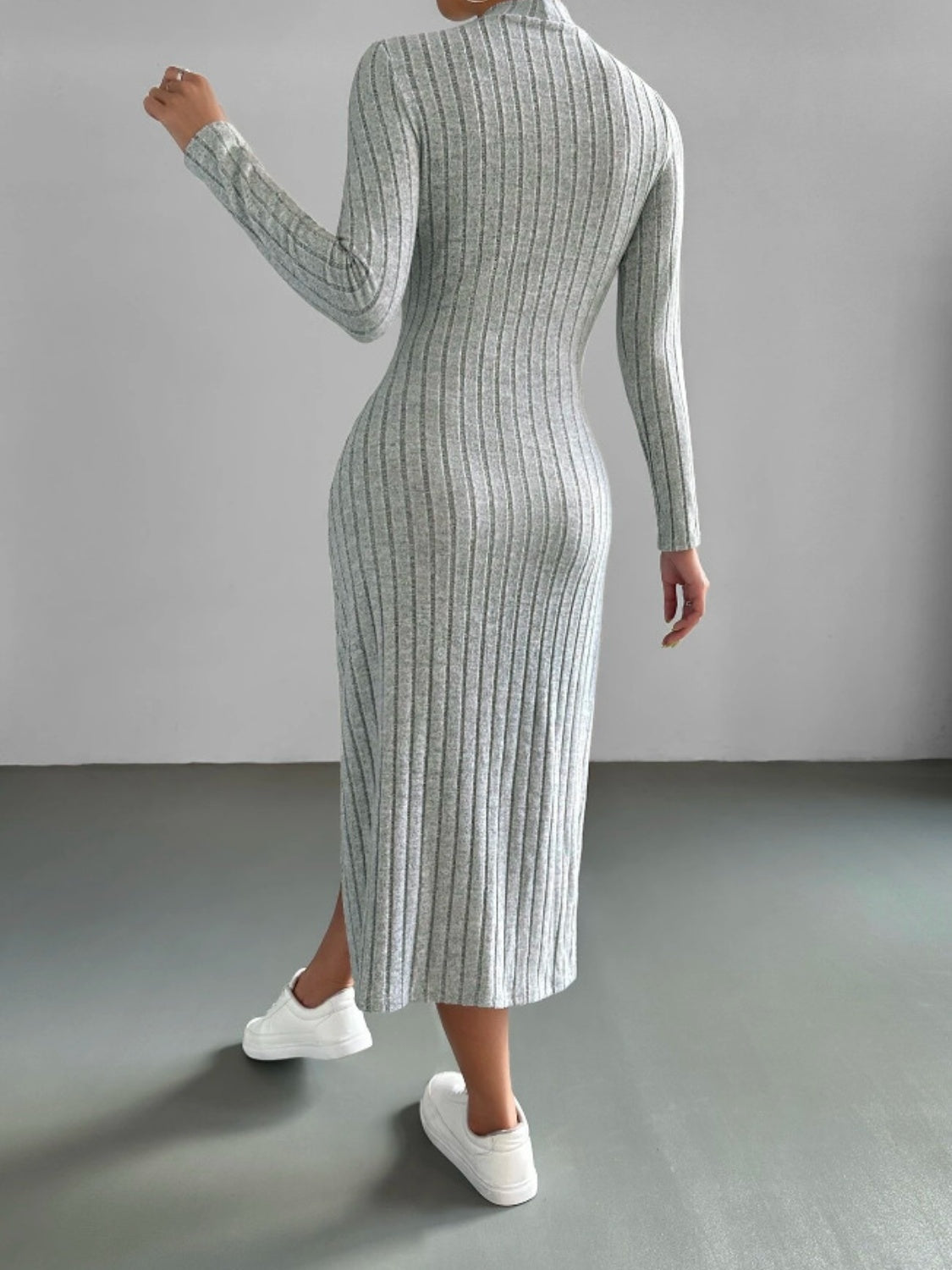 Ribbed Mock Neck Long Sleeve Midi Sweater Dress - The Boutie Shop