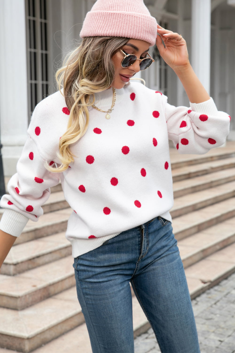 Angel Wings Woven Right Polka Dot Round Neck Dropped Shoulder Sweater - The Boutie Shop