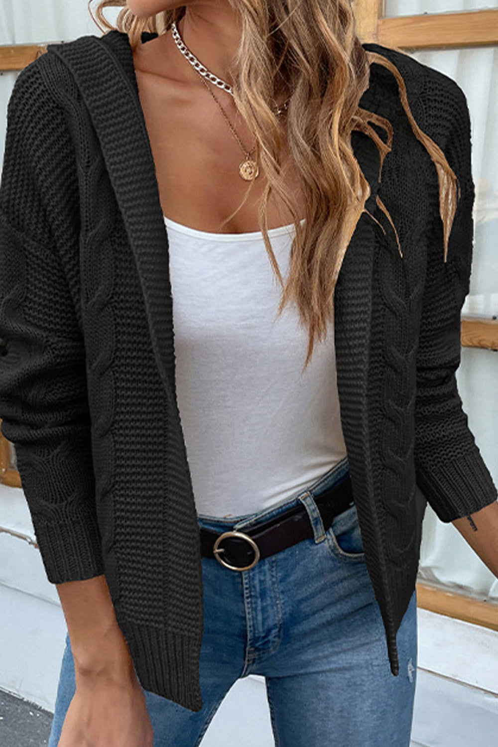 Cable-Knit Dropped Shoulder Hooded Cardigan - The Boutie Shop