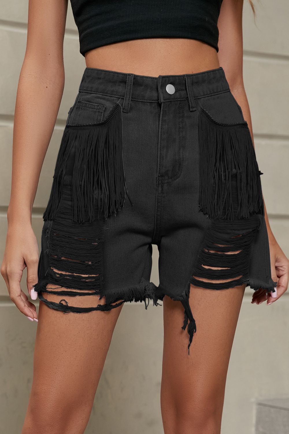 Fringe Trim Distressed Denim Shorts with Pockets - The Boutie Shop