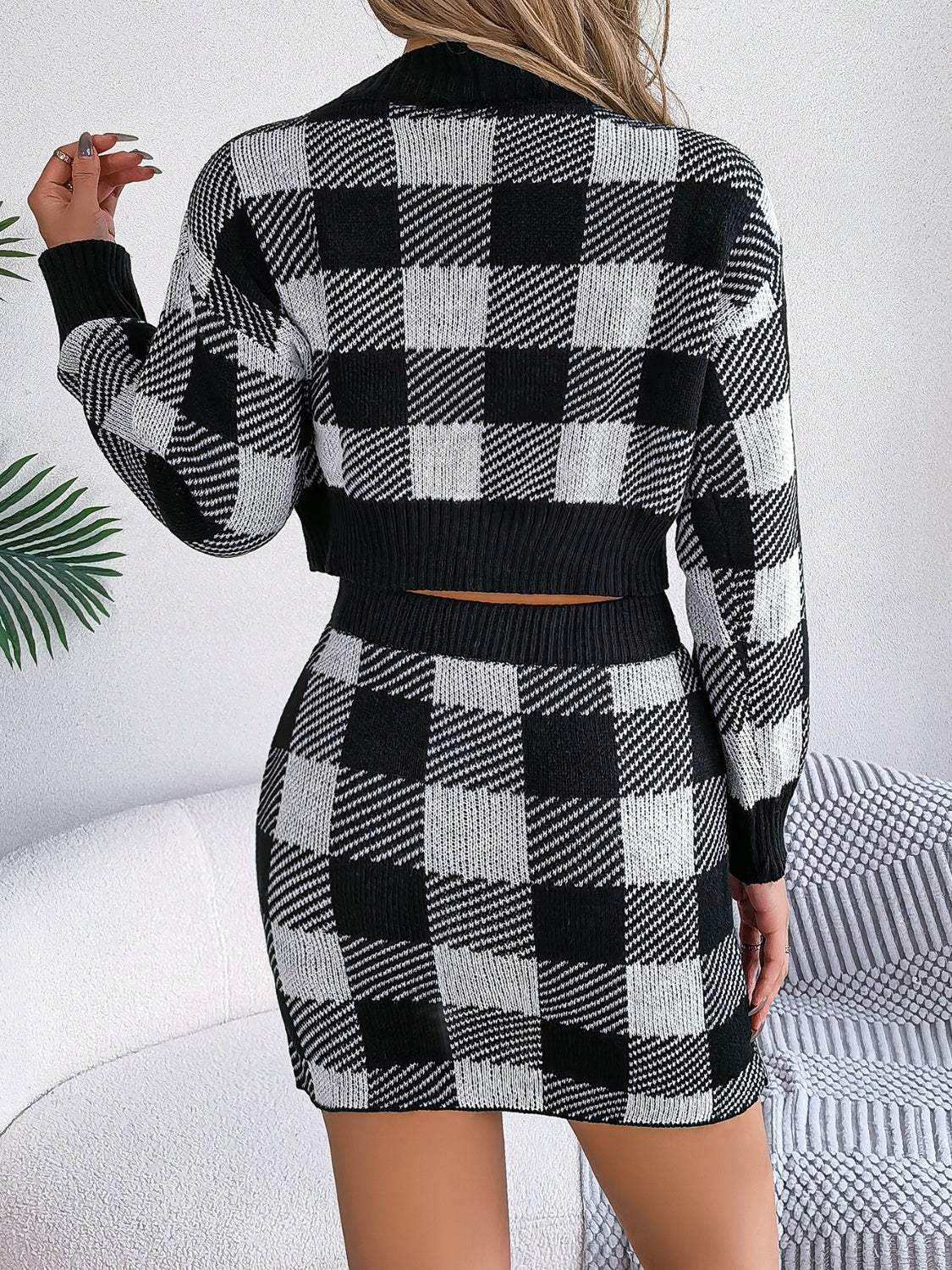 Plaid Round Neck Top and Skirt Sweater Set - The Boutie Shop