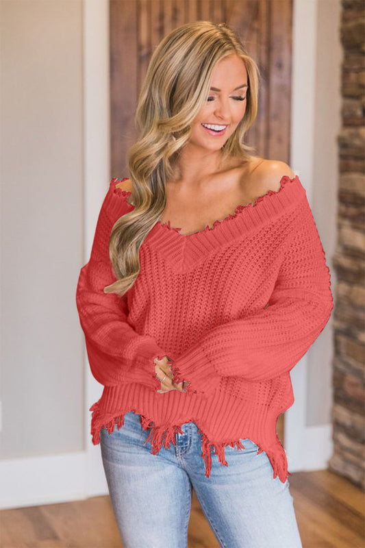 Frayed Hem Dropped Shoulder Sweater - The Boutie Shop