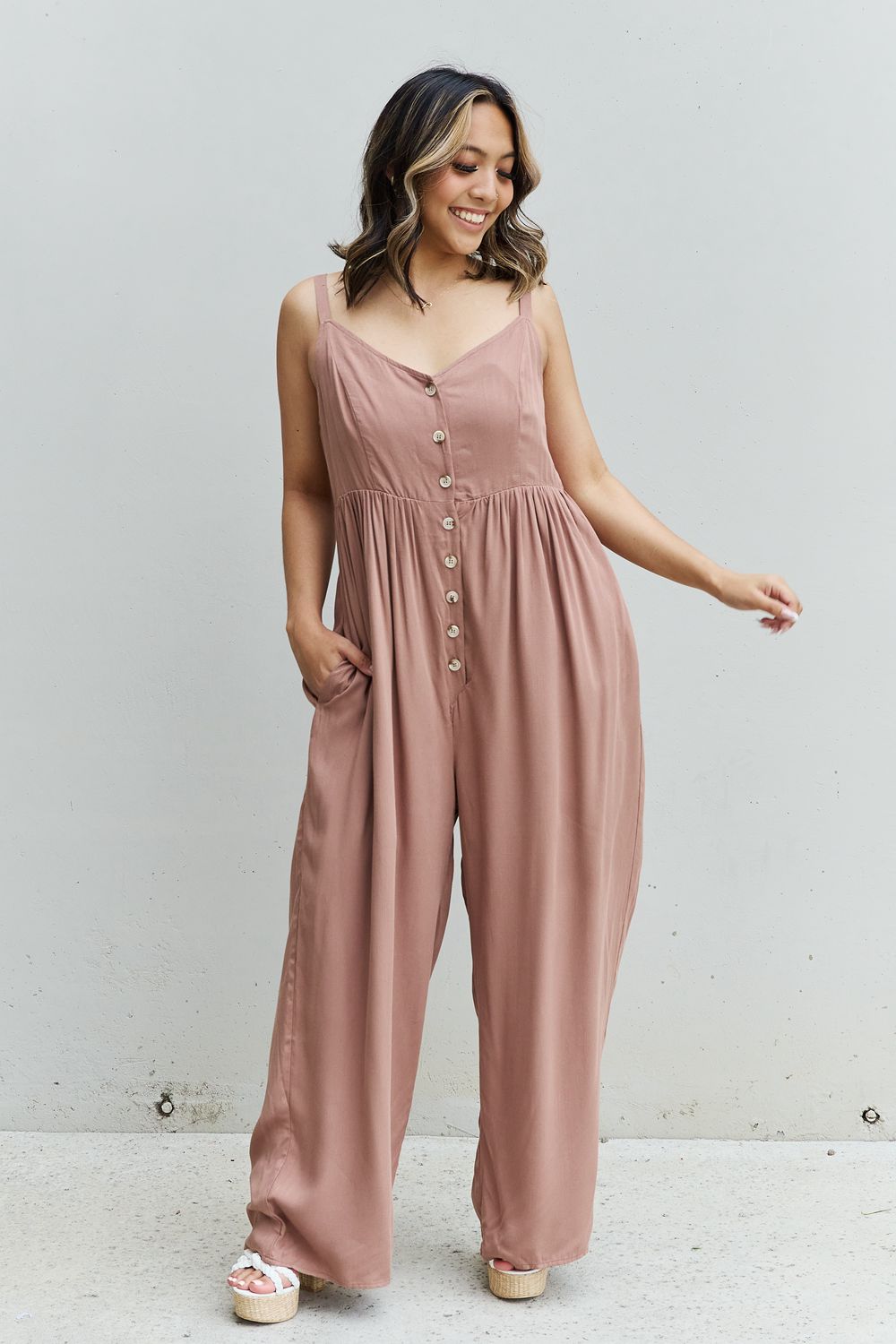 HEYSON All Day Full Size Wide Leg Button Down Jumpsuit in Mocha - The Boutie Shop