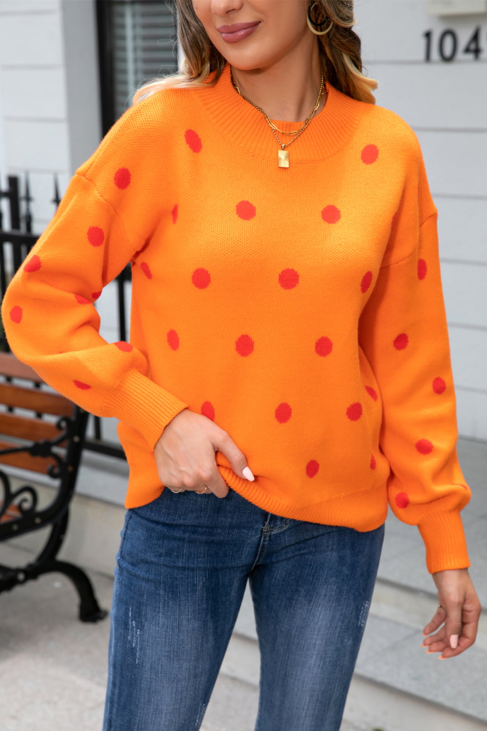 Angel Wings Woven Right Polka Dot Round Neck Dropped Shoulder Sweater - The Boutie Shop