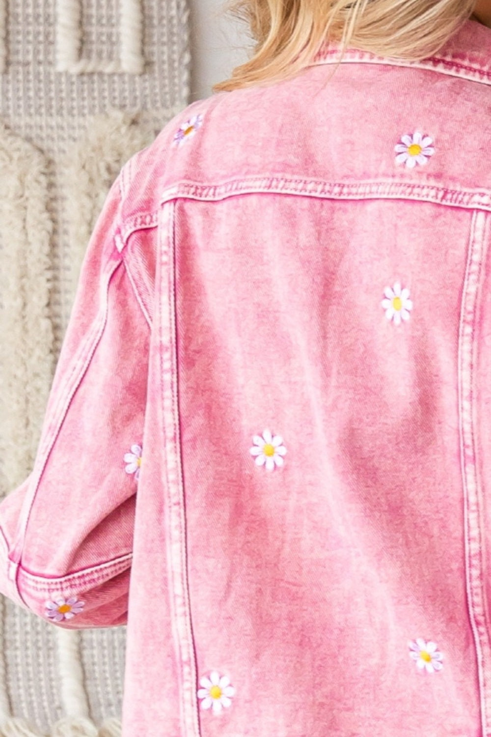 Veveret Daisy Print Button Up Denim Jacket - The Boutie Shop