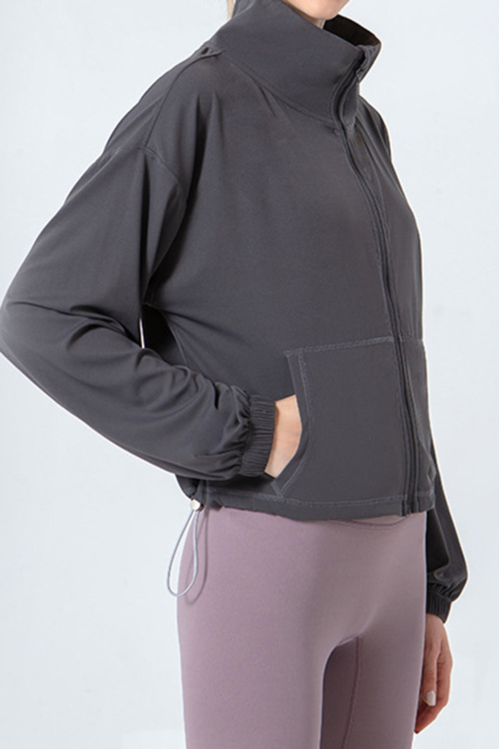 Drawstring Zip Up Dropped Shoulder Active Outerwear - The Boutie Shop