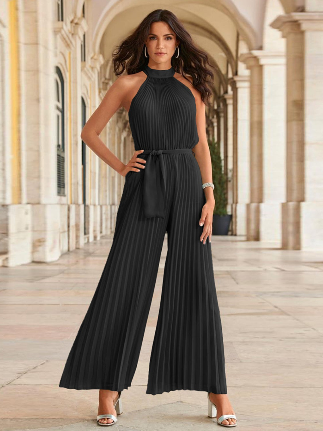 Cutout Tied Pleated Sleeveless Jumpsuit - The Boutie Shop