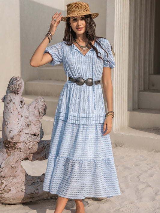 Tie Neck Balloon Sleeve Tiered Dress - The Boutie Shop