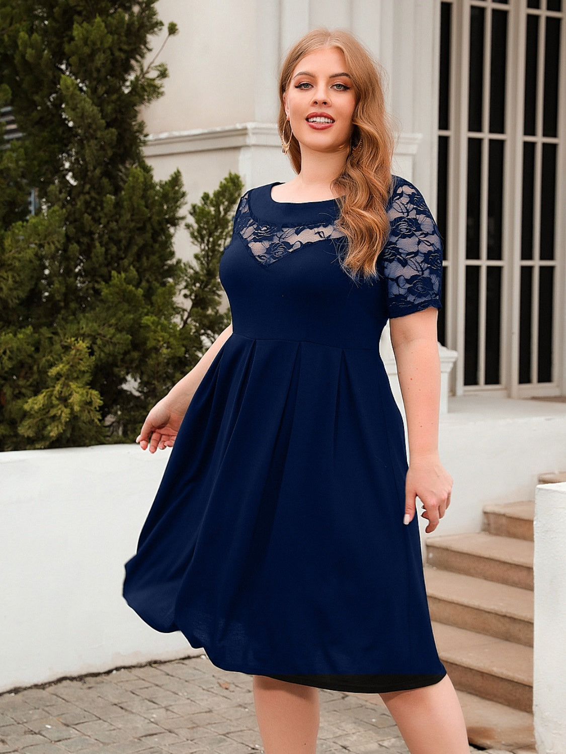 Plus Size Ruched Round Neck Short Sleeve Dress - The Boutie Shop