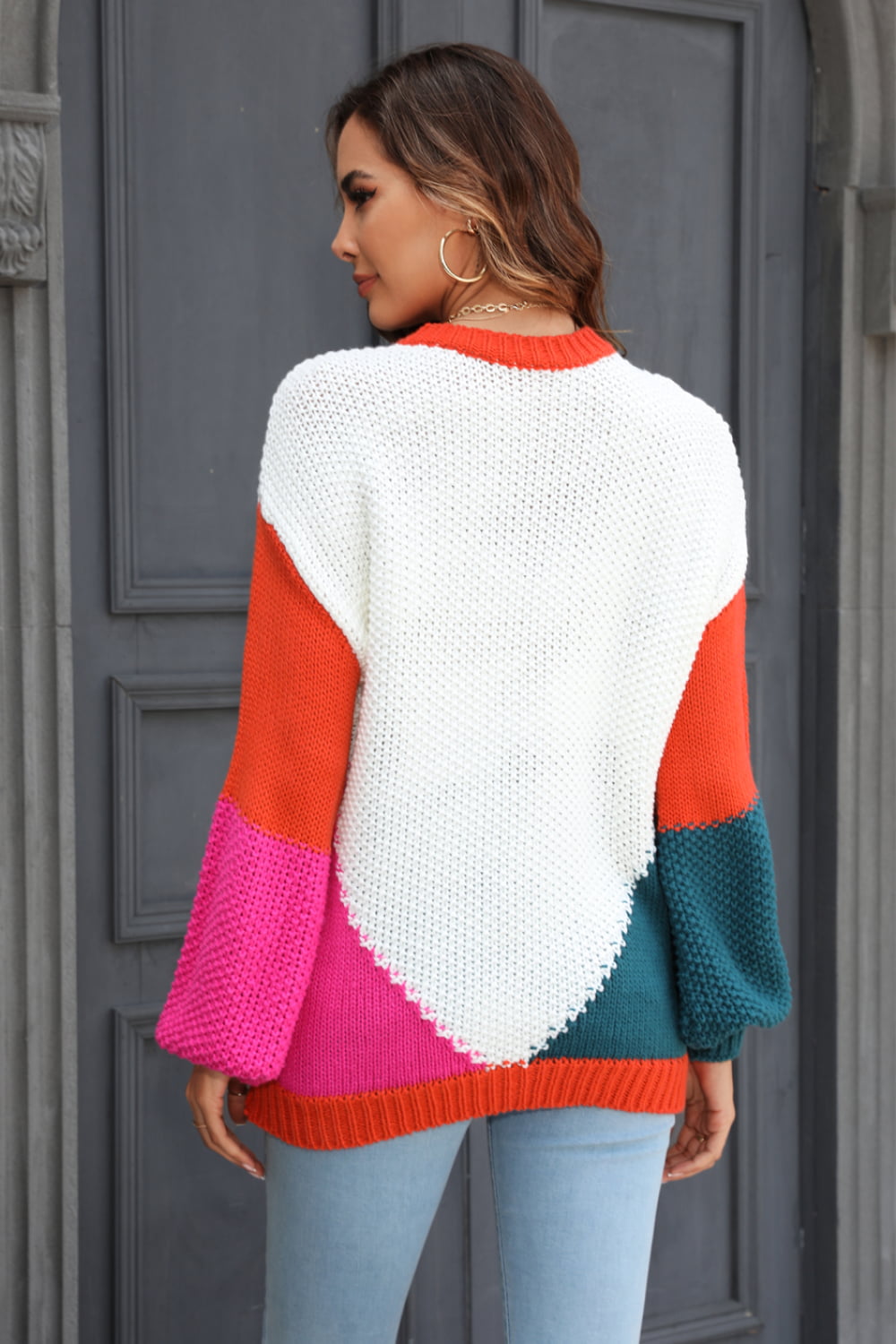 Angel Wings Color Block Round Neck Drop Shoulder Sweater - The Boutie Shop