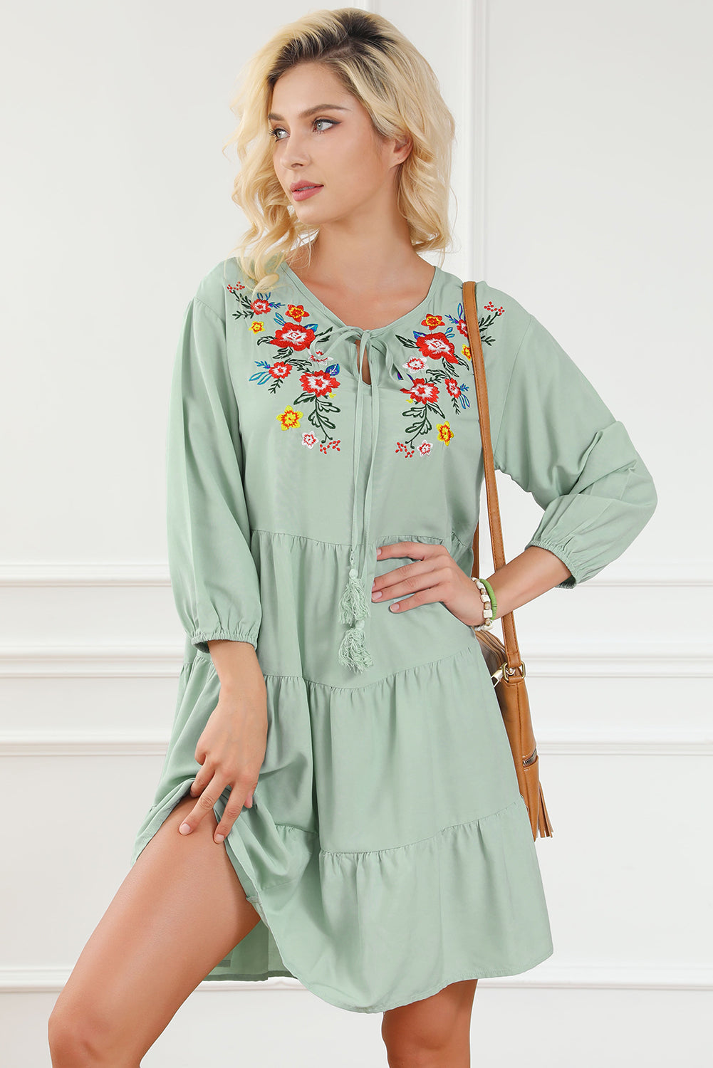 Embroidered Tie Neck Dropped Shoulder Mini Dress - The Boutie Shop