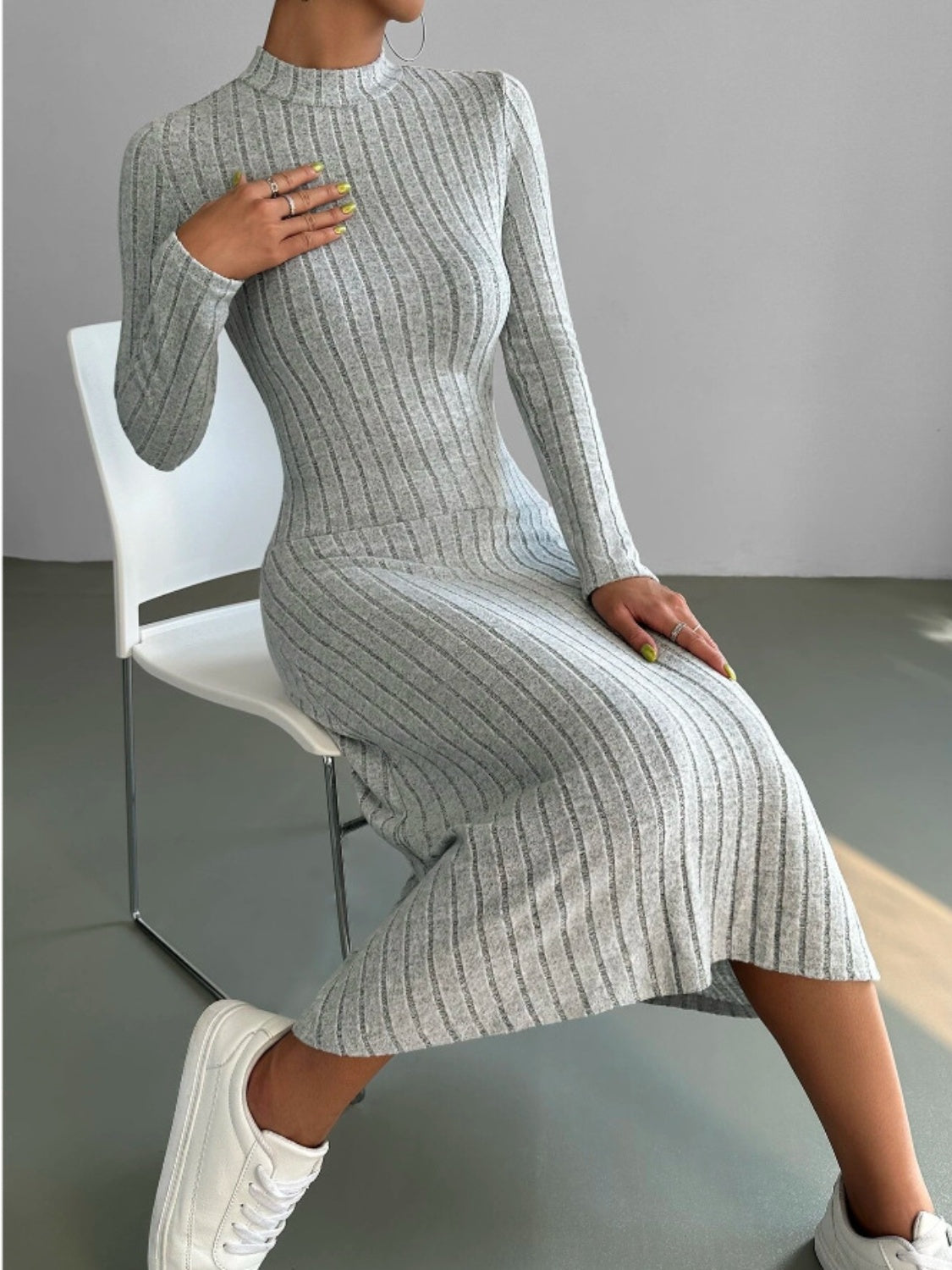 Ribbed Mock Neck Long Sleeve Midi Sweater Dress - The Boutie Shop