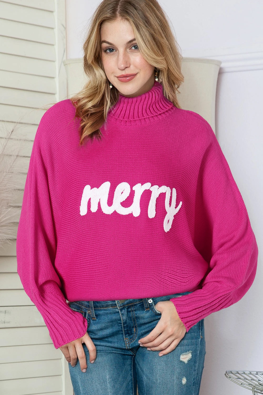 Merry Letter Embroidered High Neck Sweater - The Boutie Shop