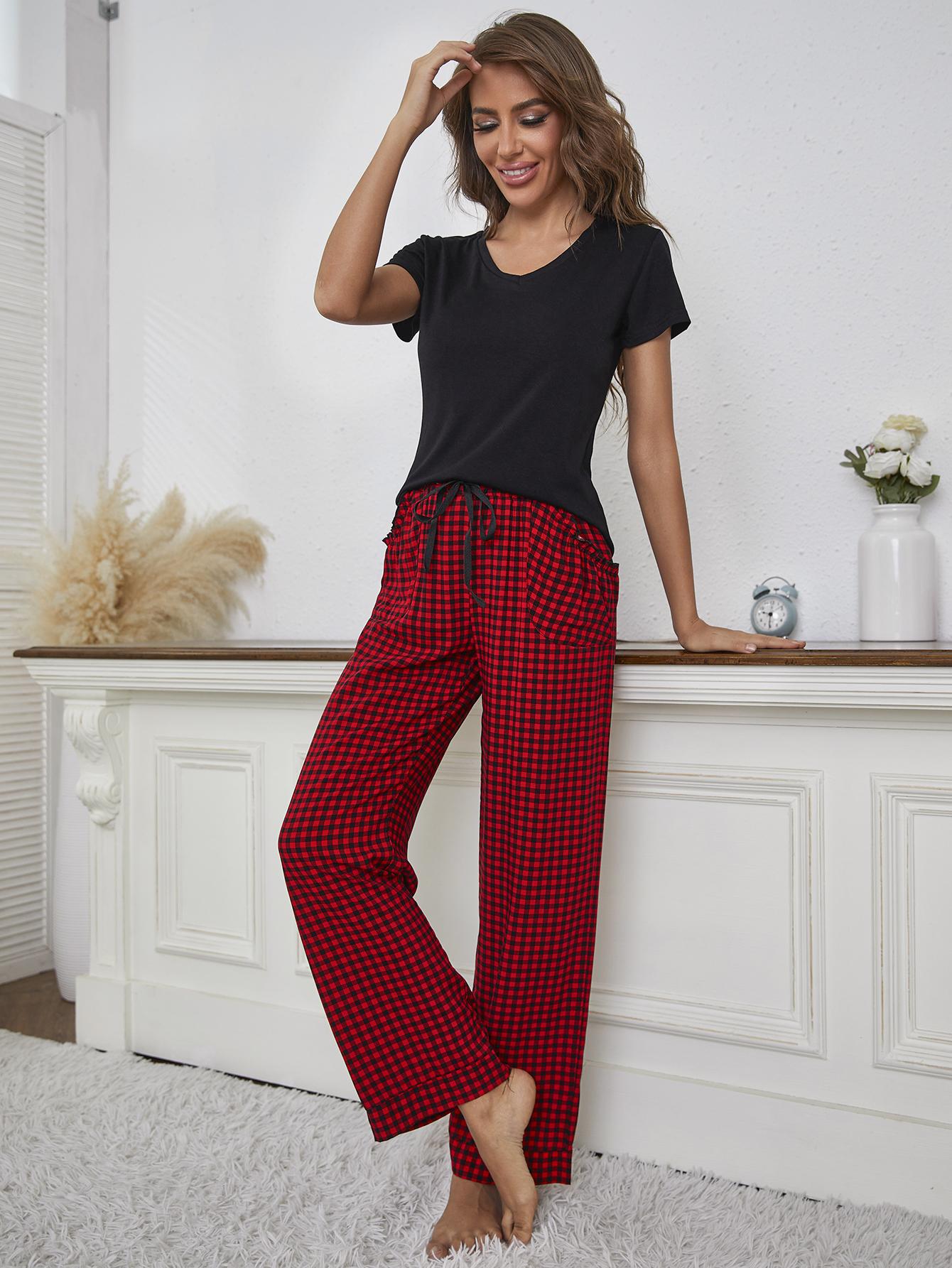 V-Neck Top and Gingham Pants Lounge Set - The Boutie Shop