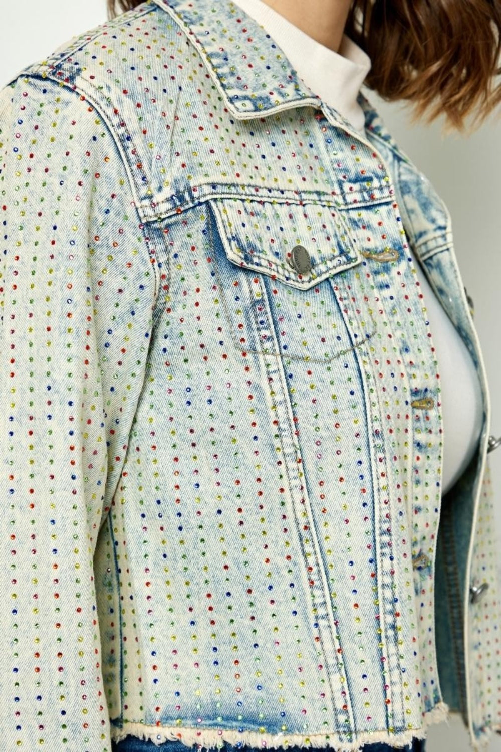 Veveret Multi Color Stripe Rhinestone Raw Hem Denim Jacket - The Boutie Shop