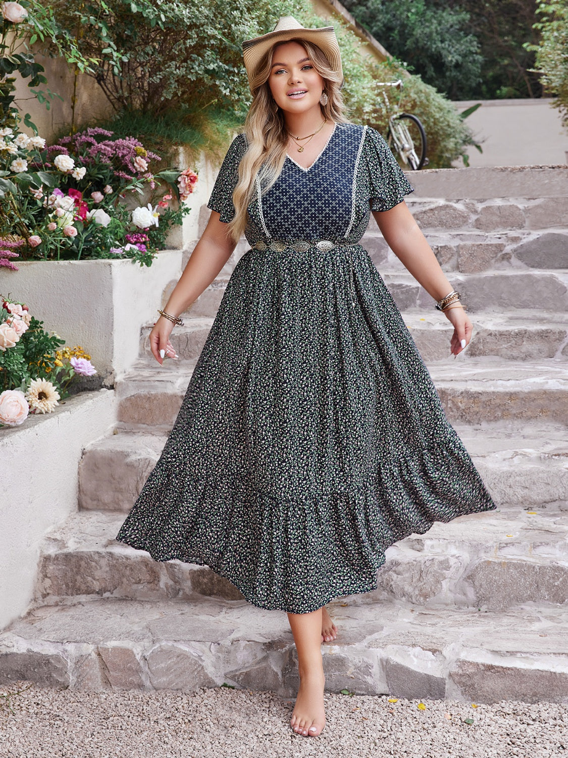 Plus Size Printed V-Neck Flutter Sleeve Midi Dress - The Boutie Shop