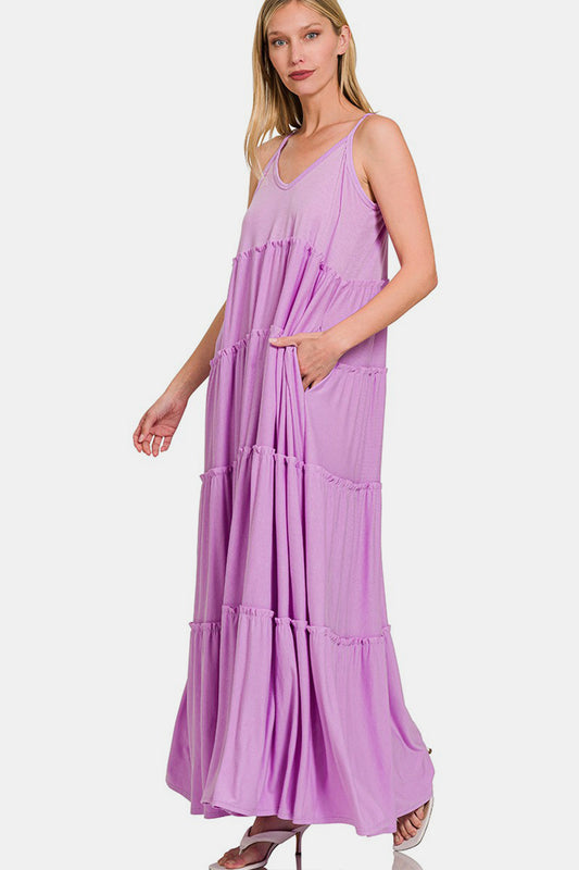 Zenana Frill Tiered V-Neck Maxi Cami Dress - The Boutie Shop