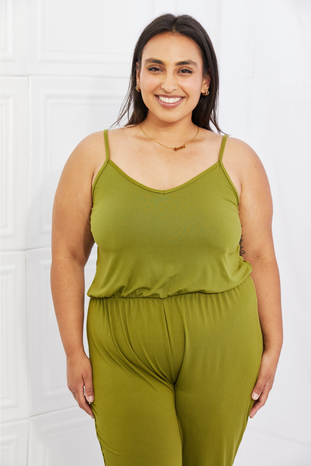 Capella Comfy Casual Full Size Solid Elastic Waistband Jumpsuit in Chartreuse - The Boutie Shop