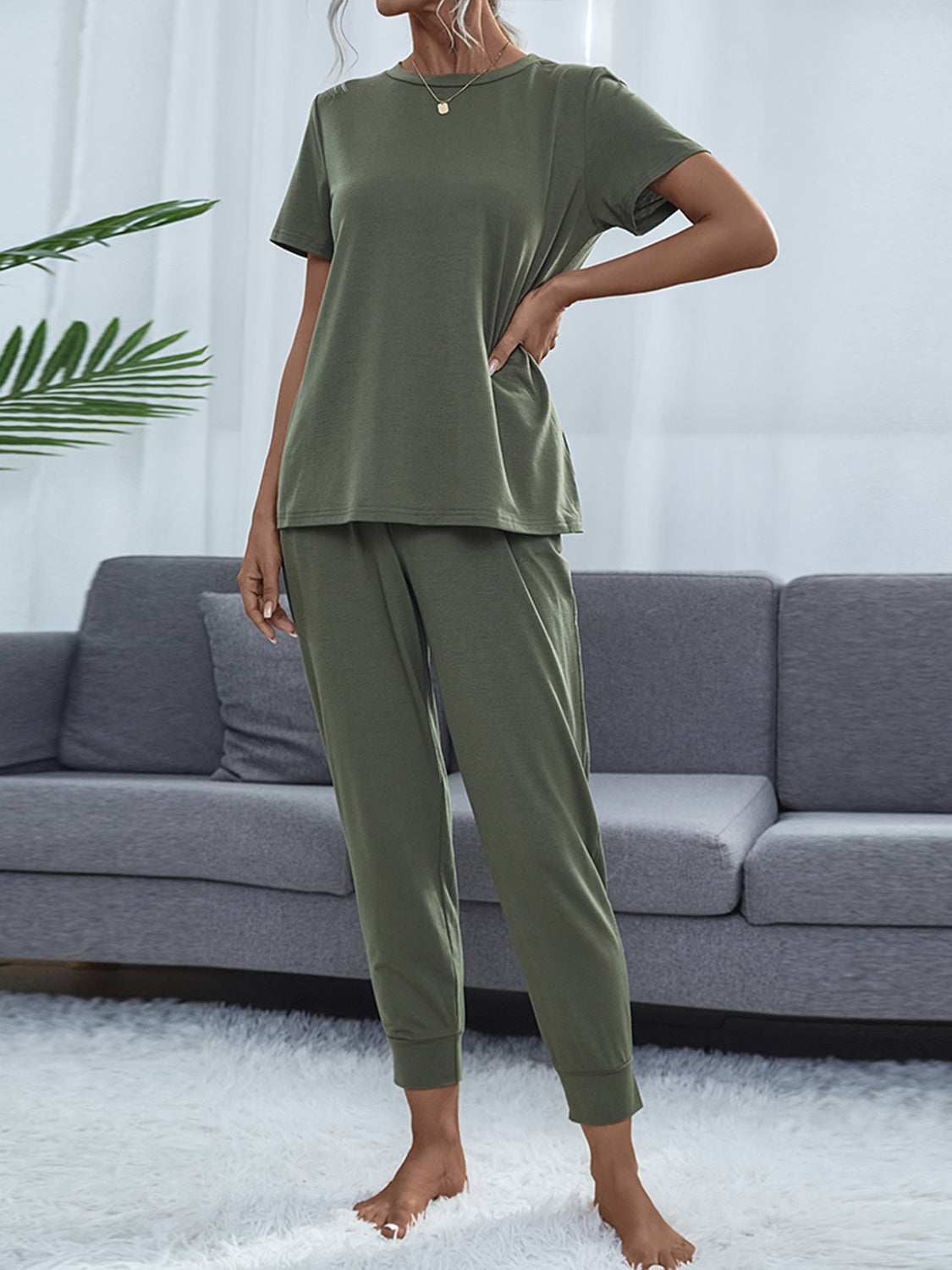 Shiny Round Neck Short Sleeve Top and Pants Set - The Boutie Shop