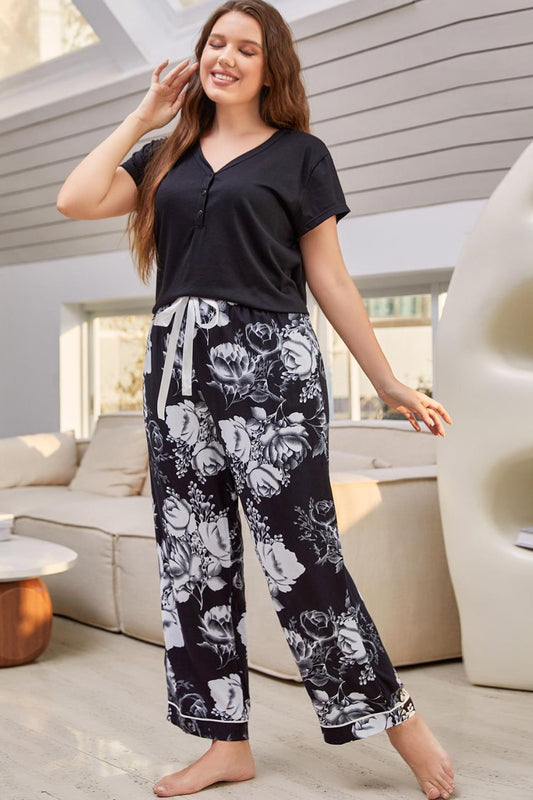 Full Size V-Neck Top and Floral Pants Lounge Set - The Boutie Shop