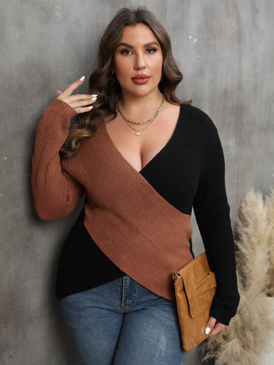 Plus Size Two-Tone Surplice Neck Sweater - The Boutie Shop