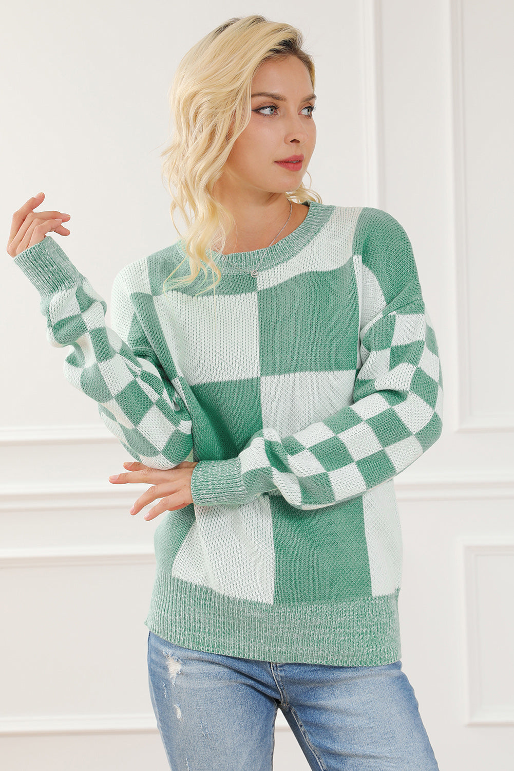 Checkered Drop Shoulder Long Sleeve Sweater - The Boutie Shop