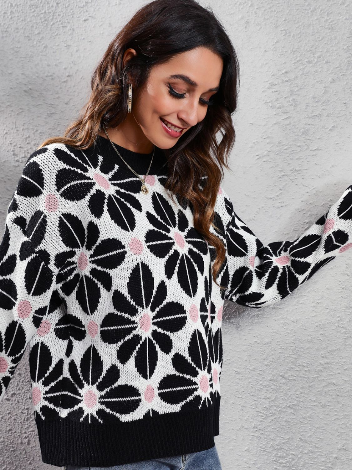 Floral Round Neck Long Sleeve Sweater - The Boutie Shop