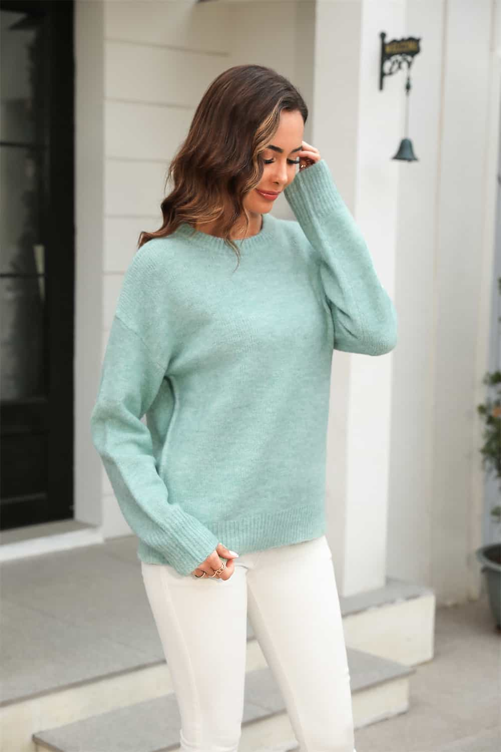 Angel Wings Round Neck Ribbed Long Sleeve Sweater - The Boutie Shop