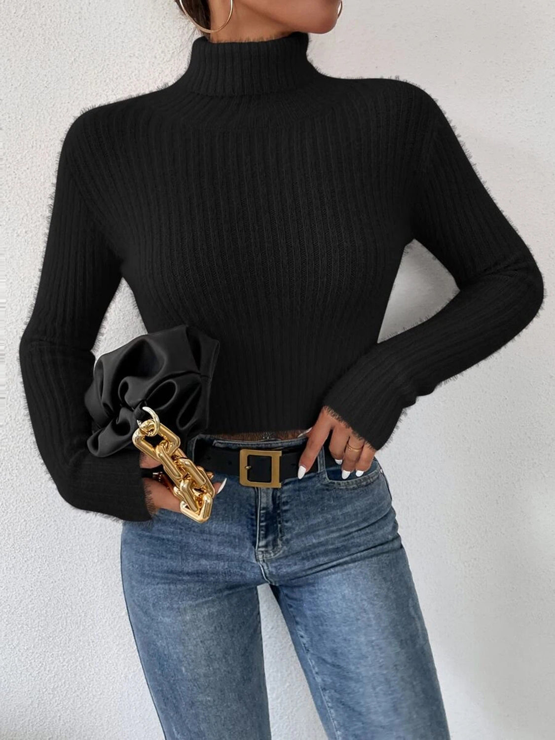 Ribbed Turtleneck Long Sleeve Sweater - The Boutie Shop