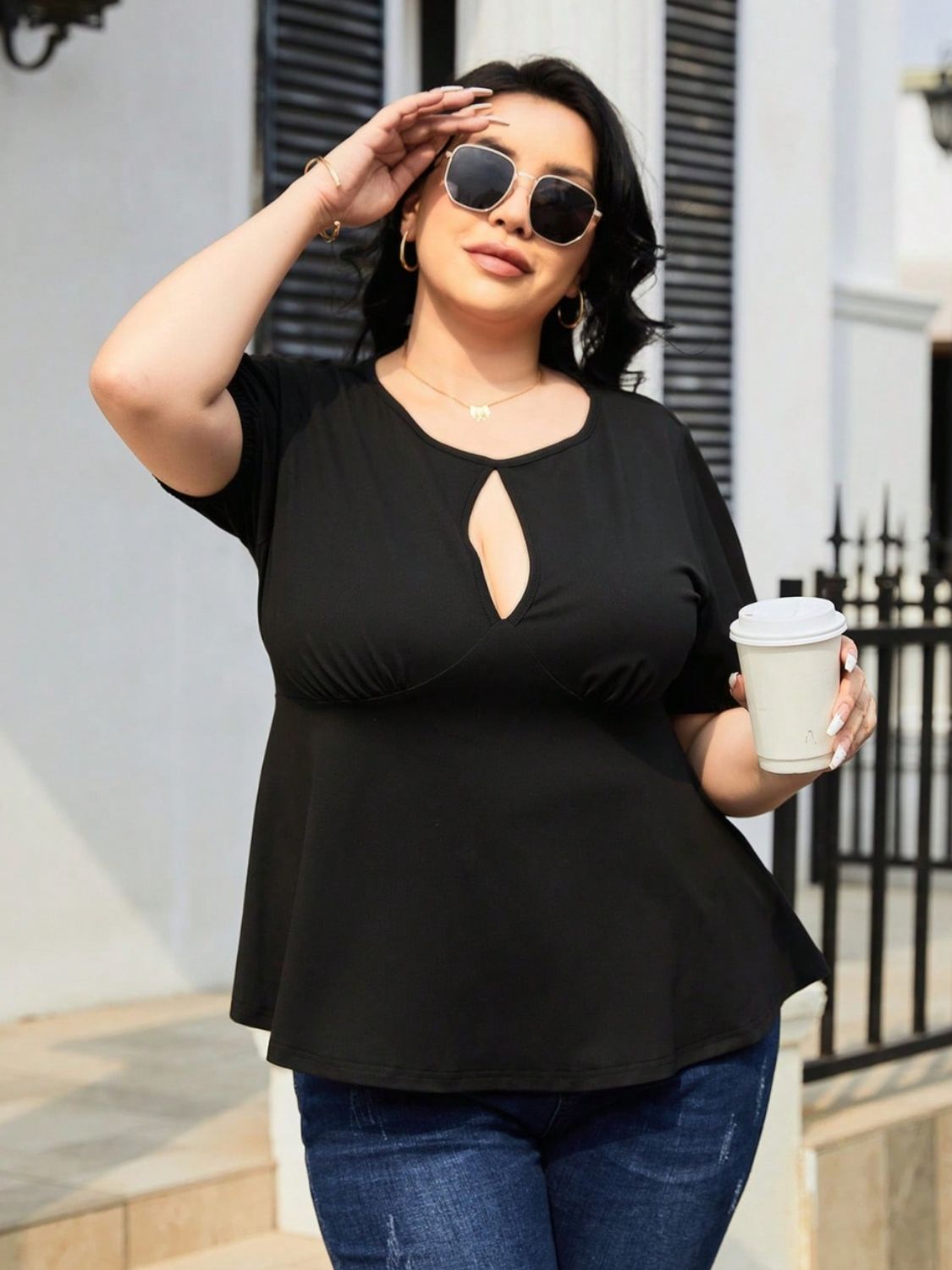 Plus Size Cutout Short Sleeve Blouse - The Boutie Shop