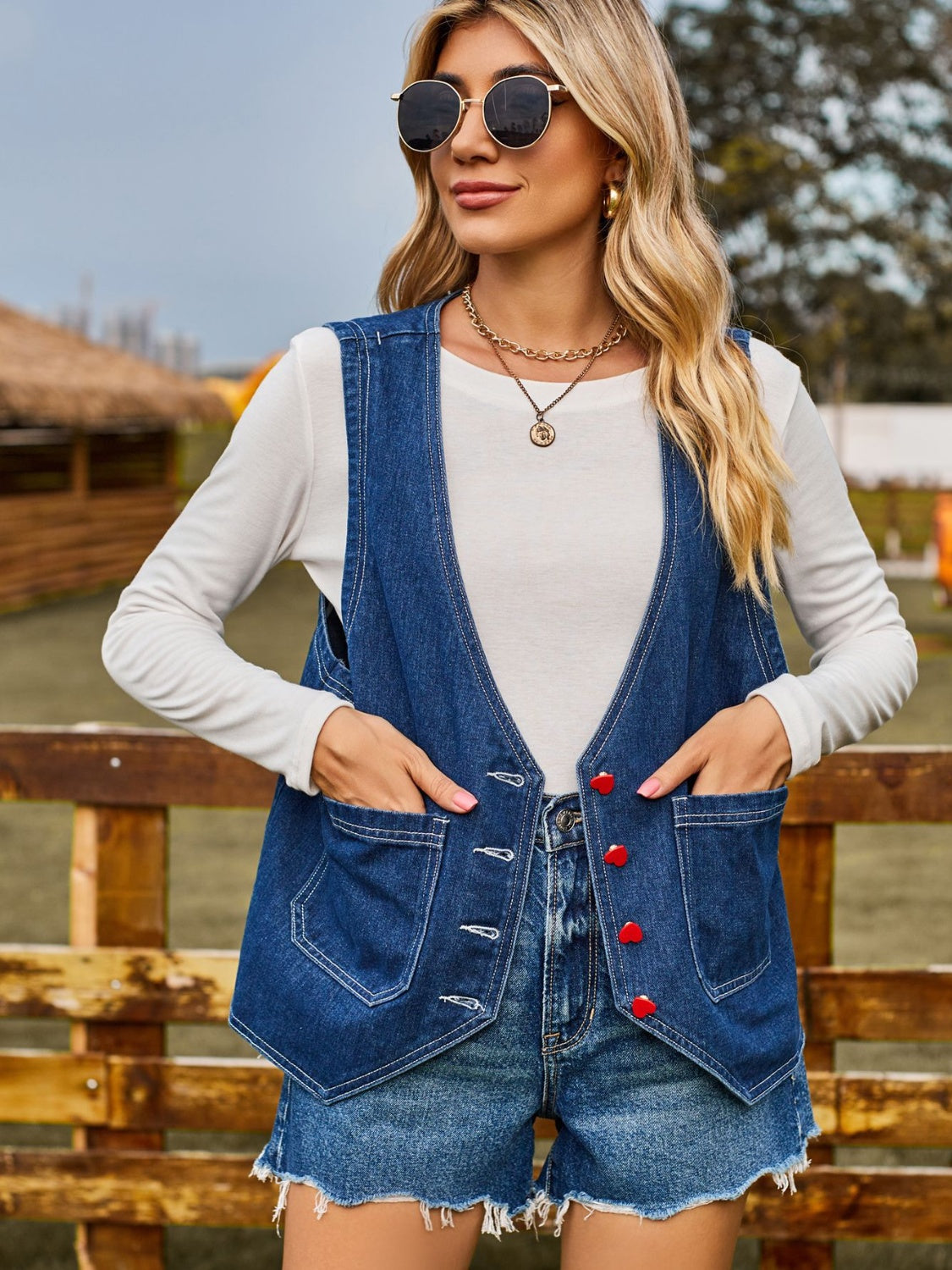 Pocketed Button Up Sleeveless Denim Jacket - The Boutie Shop